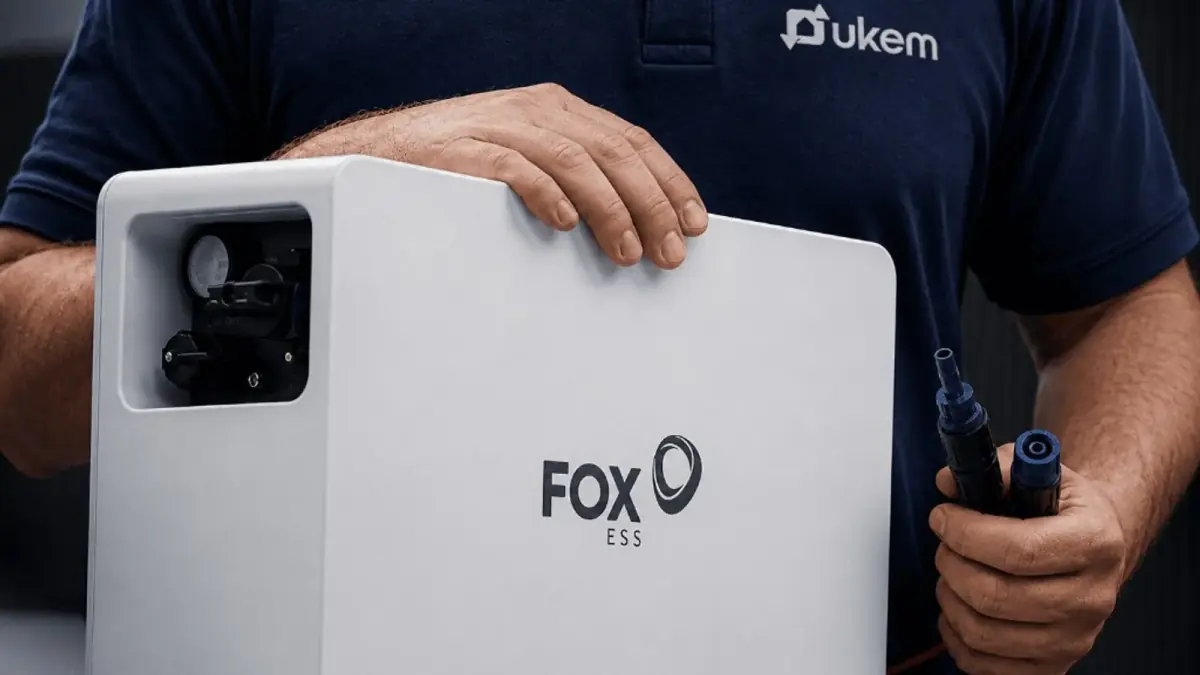 UKEM engineer connecting a Fox ESS EP12 home battery during a UK installation