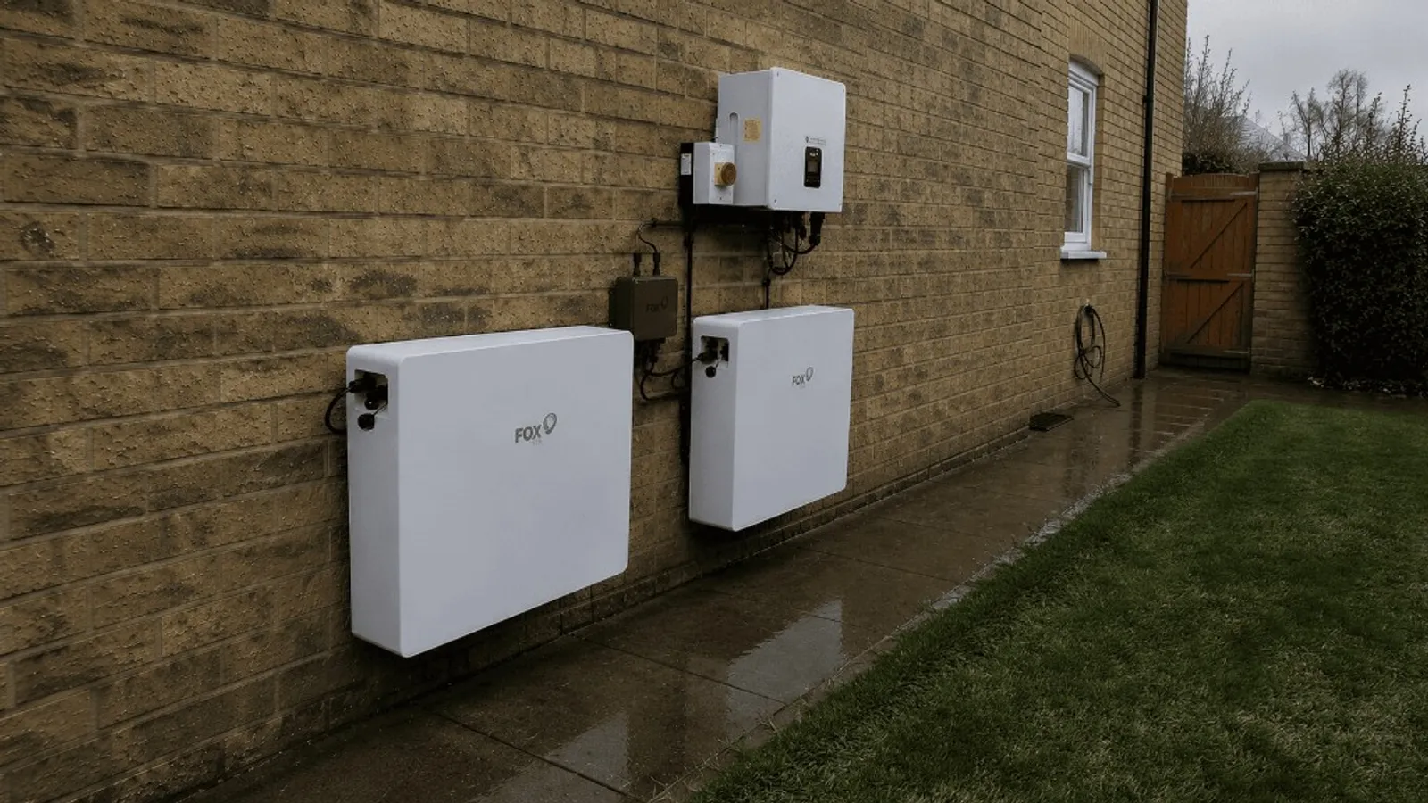 Fox ESS EP12 home batteries retrofitted beside an existing solar installation on a UK property