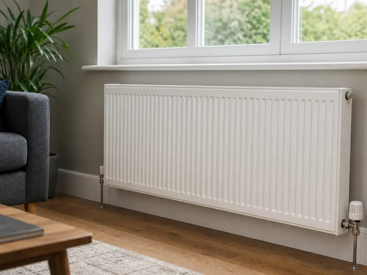 White double-panel radiator with a thermostatic valve under a UK living room window, sized for heat pump flow