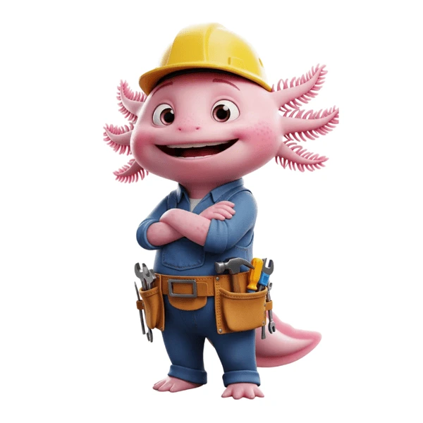 Smiling cartoon axolotl dressed as a construction worker, wearing a yellow hard hat, blue overalls, and a tool belt, standing with arms crossed on a white background.